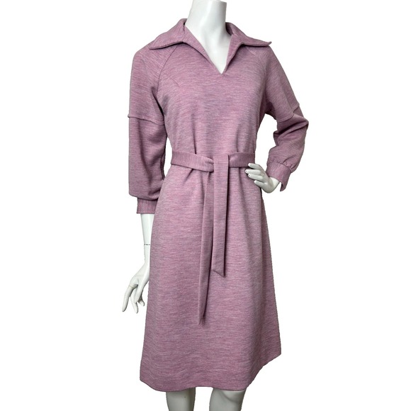 70s Bleeker Street Dress Size Large Pink Wide Collar Long Balloon Sleeve Belt - Picture 2 of 12